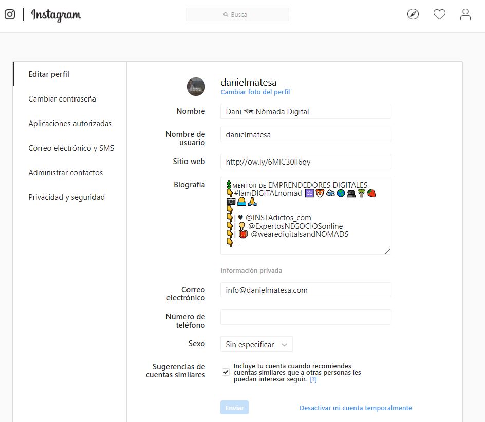 Cómo editar el perfil de usuario desde la versión de Instagram para PC