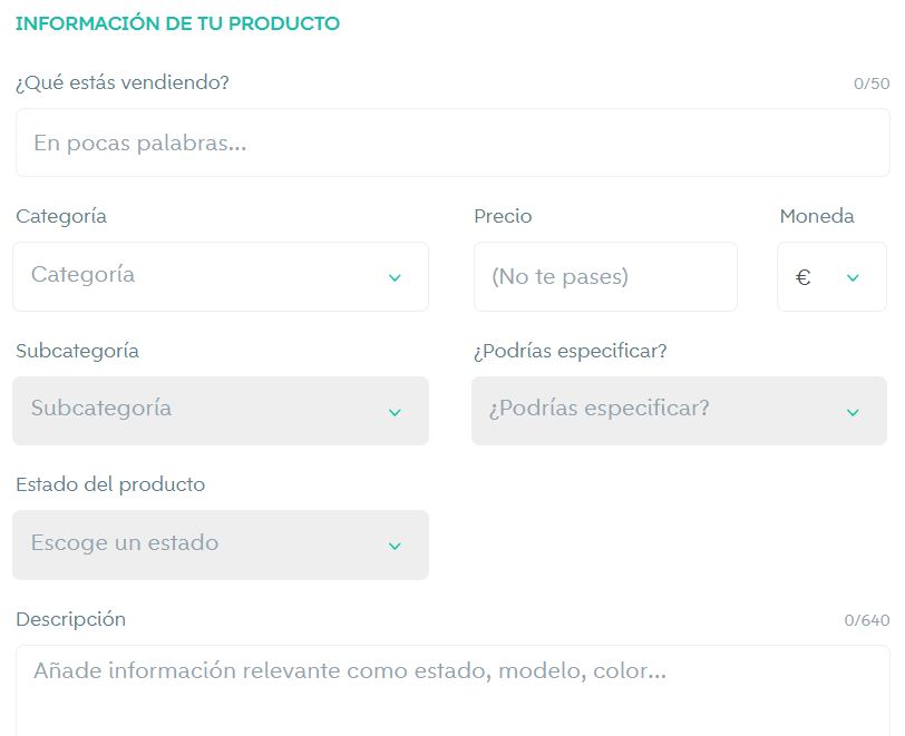 cómo rellenar la información de un producto en Wallapop