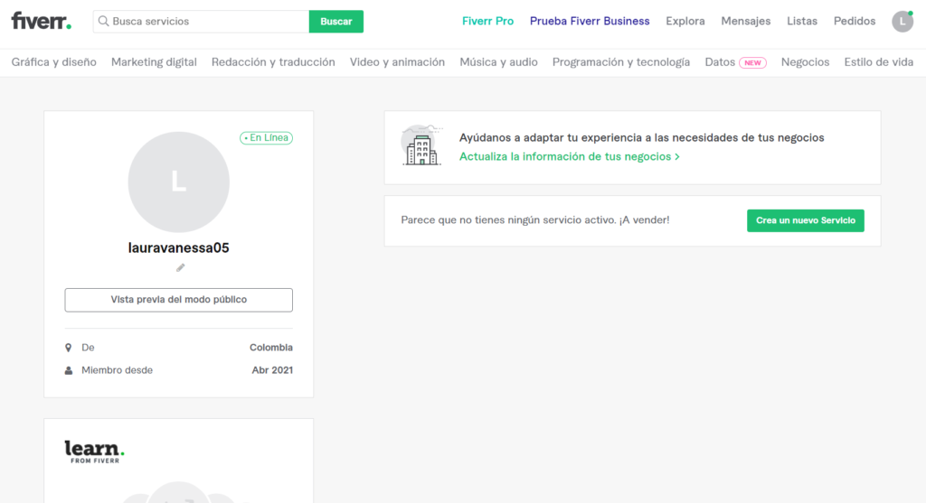 Crear perfil de vendedor en fiverr