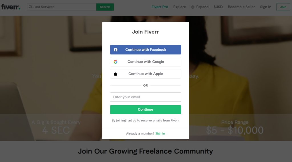 Crear una cuenta en Fiverr