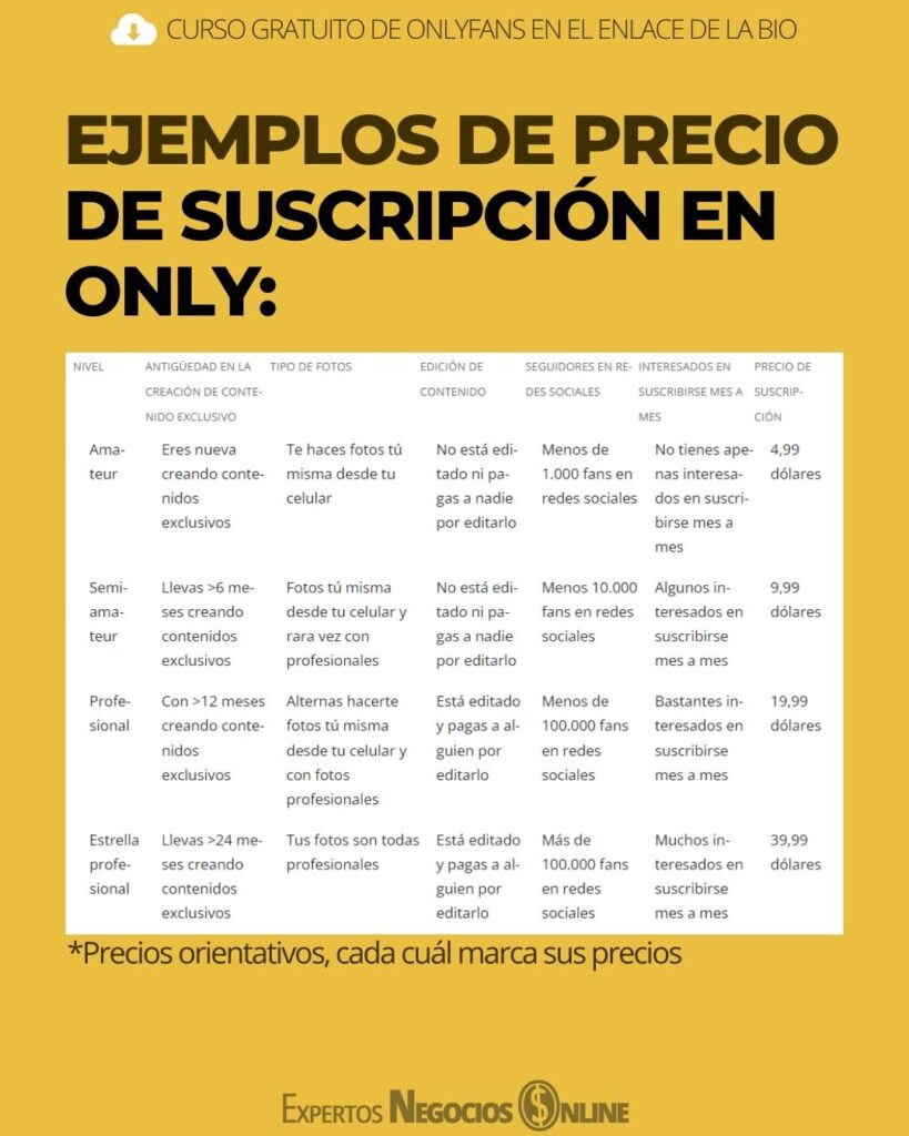 Ejemplos de precio de suscripción en Only